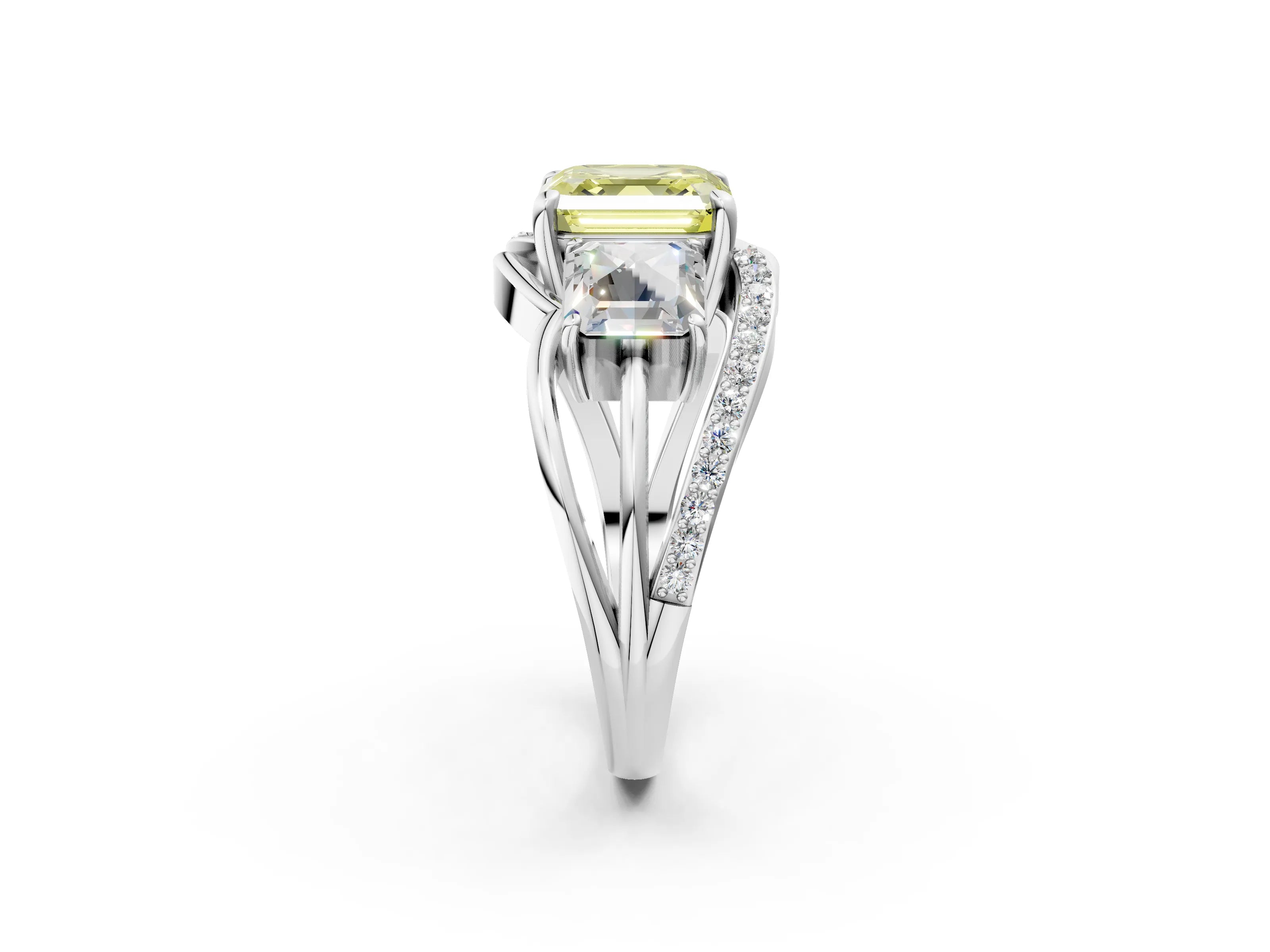 White gold Three-Stone Fancy Yellow Asscher Cut Cut Diamond Split Shank Prong Set Ring_26
