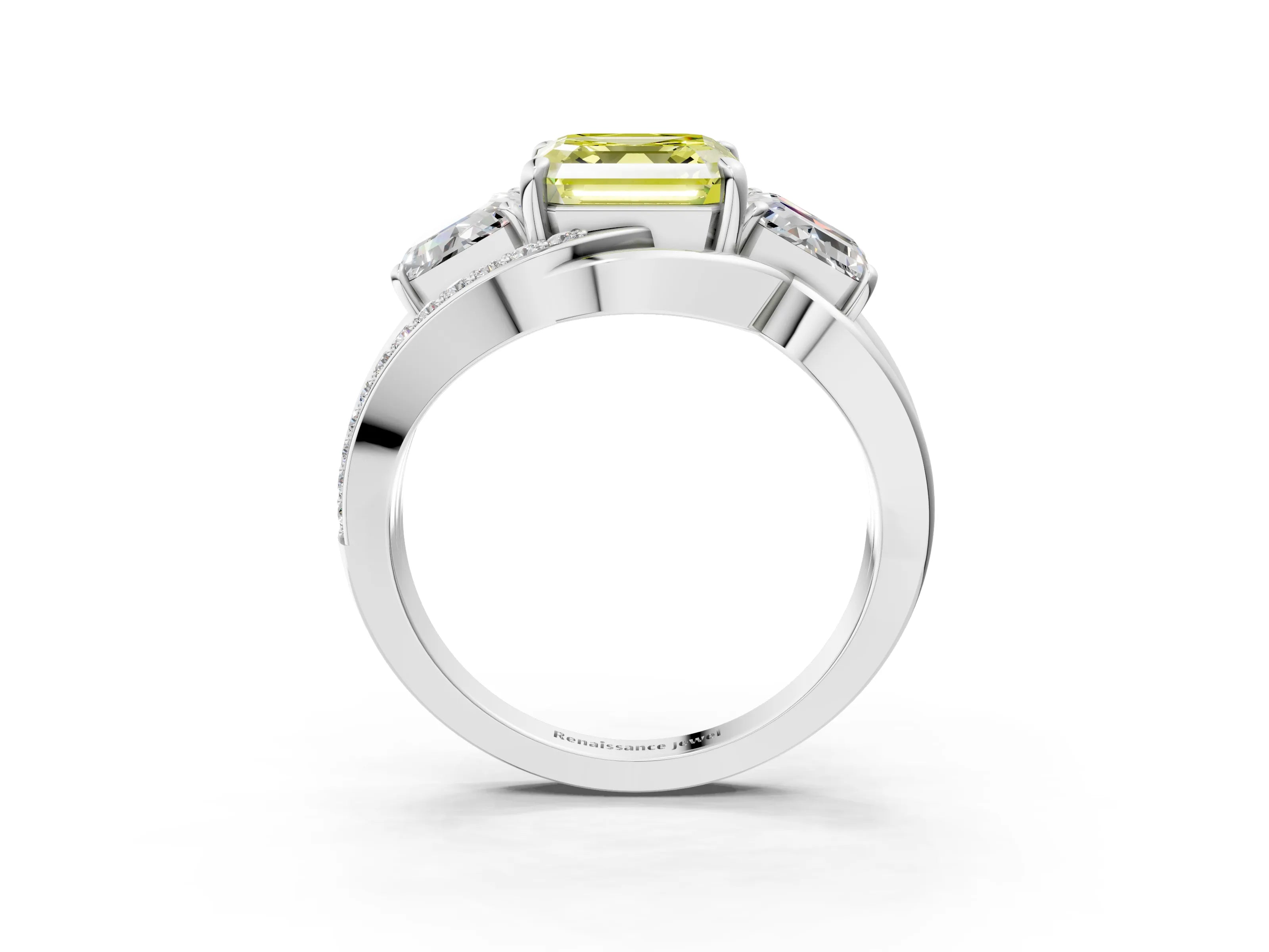 White gold Three-Stone Fancy Yellow Asscher Cut Cut Diamond Split Shank Prong Set Ring_27