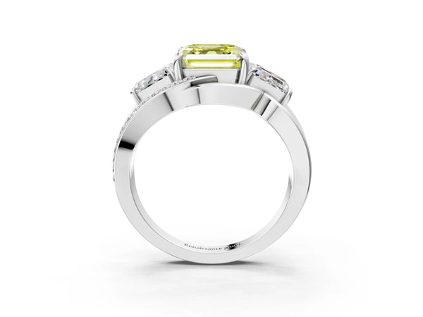 White Gold Asscher Cut Three Stone Split Shank Engagement Ring Setting for Fancy Yellow Center
