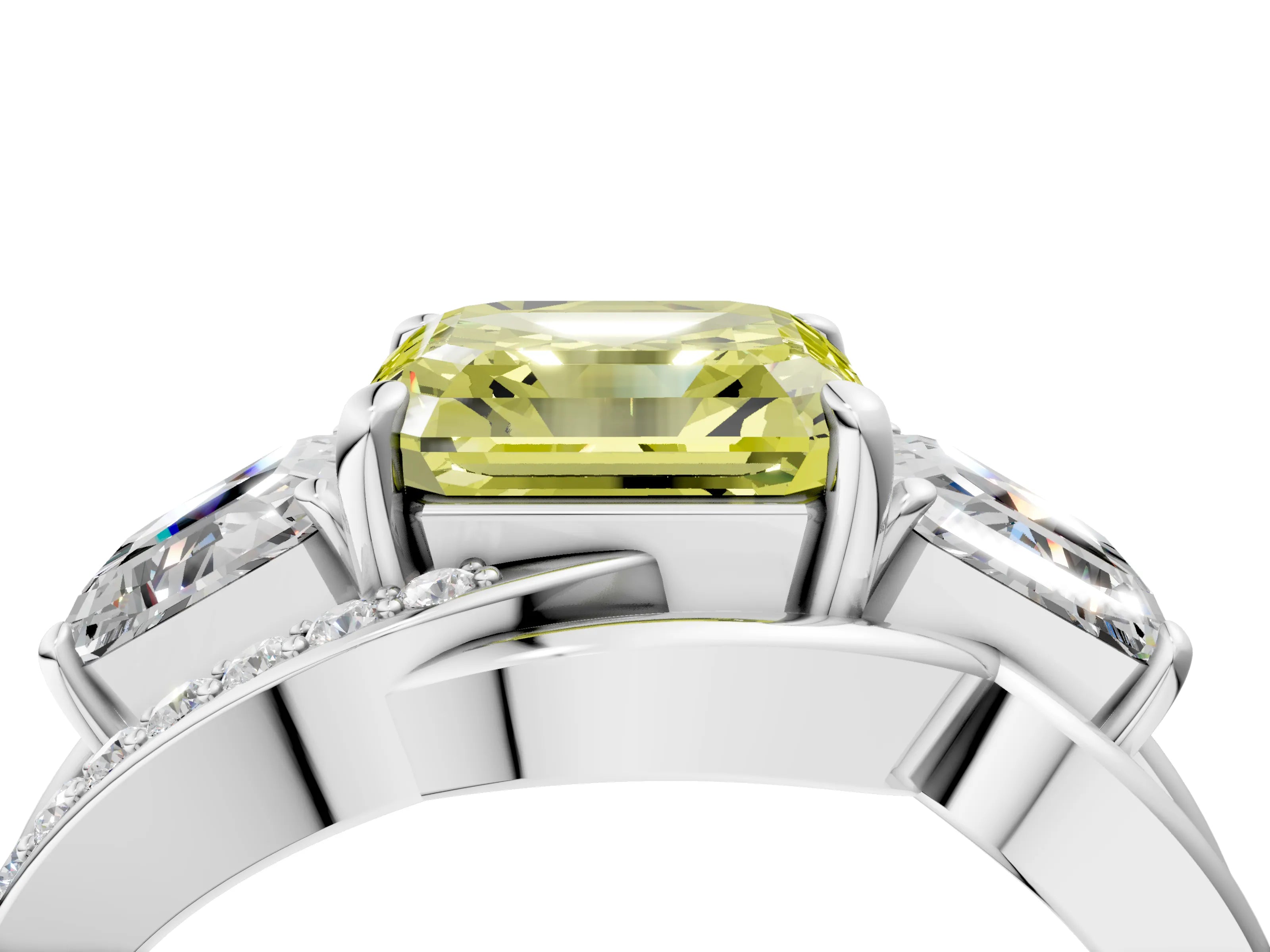 White gold Three-Stone Fancy Yellow Asscher Cut Cut Diamond Split Shank Prong Set Ring_28