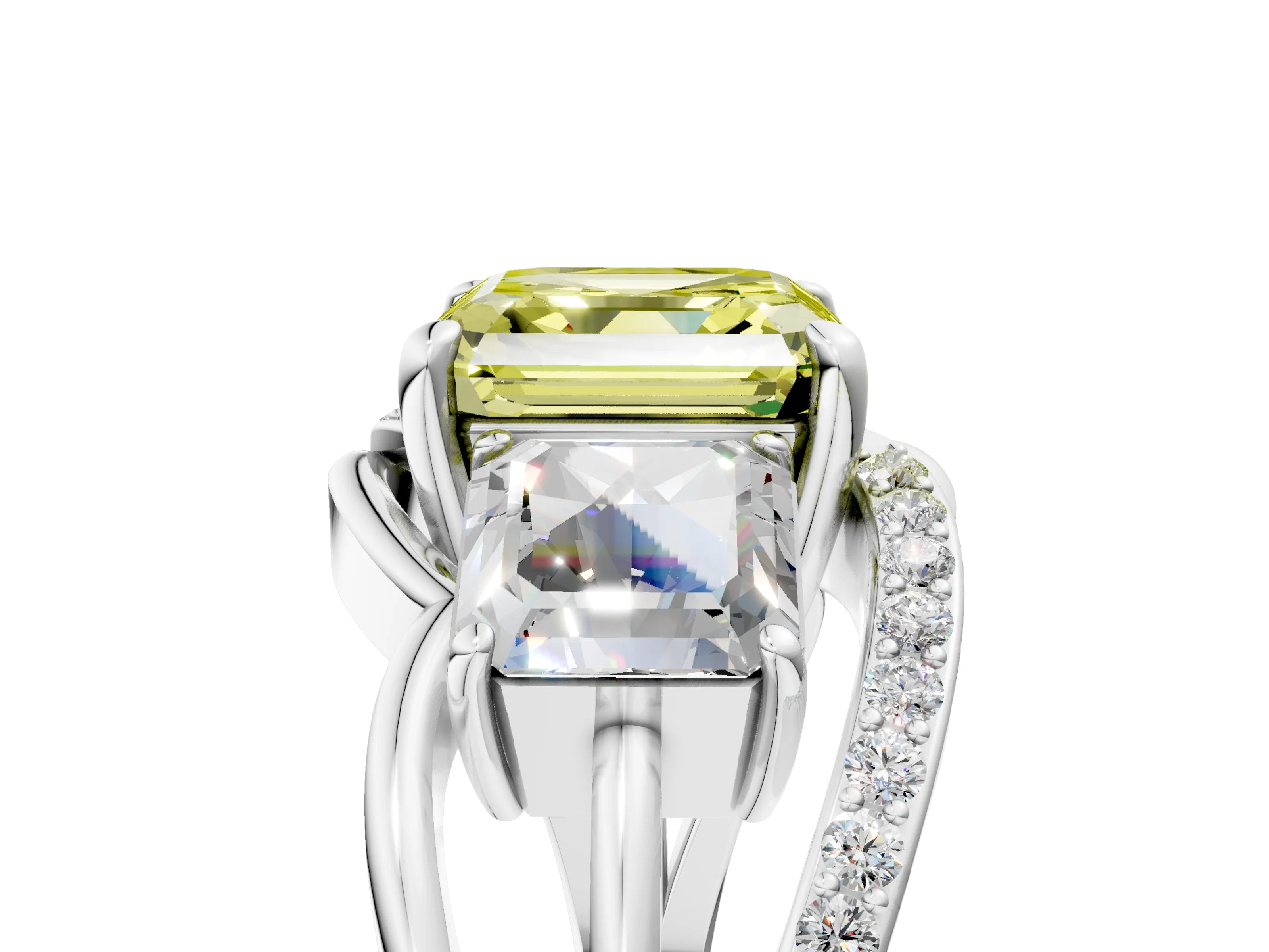 White gold Three-Stone Fancy Yellow Asscher Cut Cut Diamond Split Shank Prong Set Ring_29