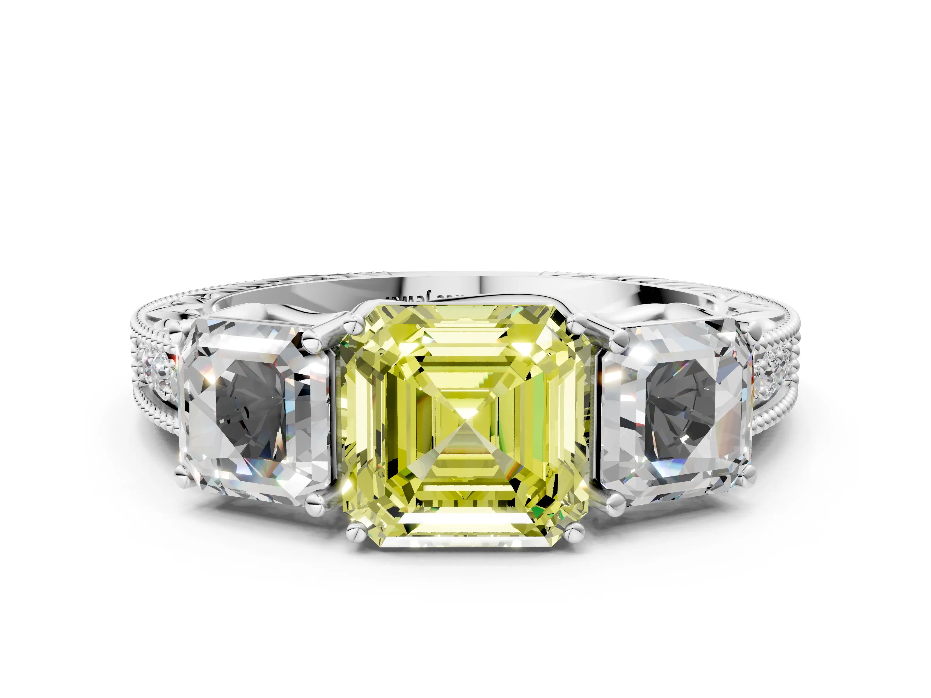 White gold Three-Stone Fancy Yellow Asscher Cut Cut Milgrain Pavé Engagement Ring