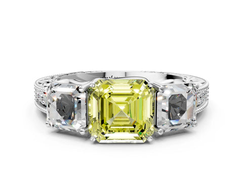 White gold Three-Stone Fancy Yellow Asscher Cut Cut Milgrain Pavé Engagement Ring