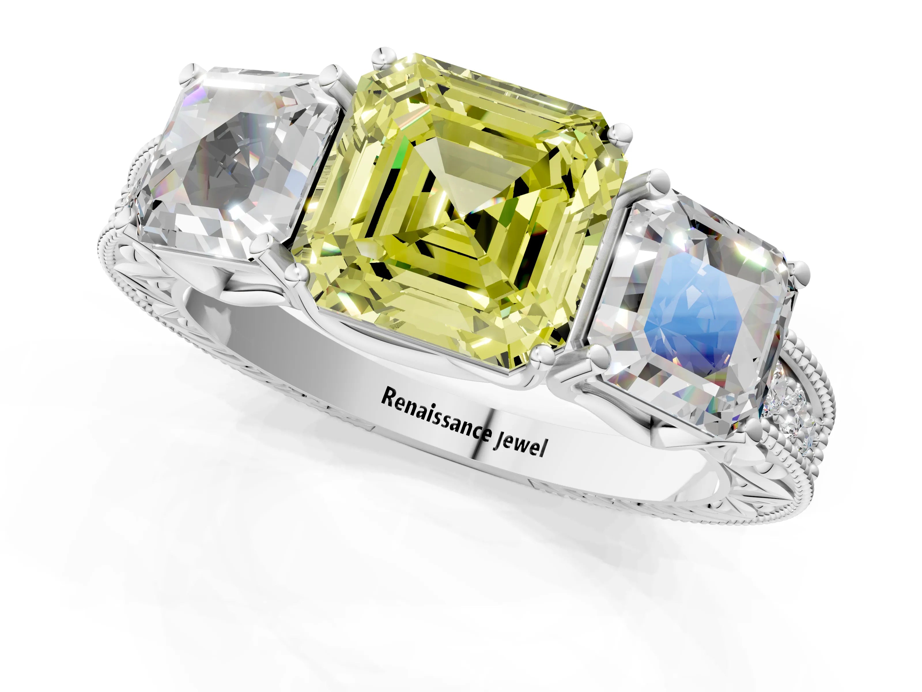 White gold Three-Stone Fancy Yellow Asscher Cut Cut Milgrain Pavé Engagement Ring_1