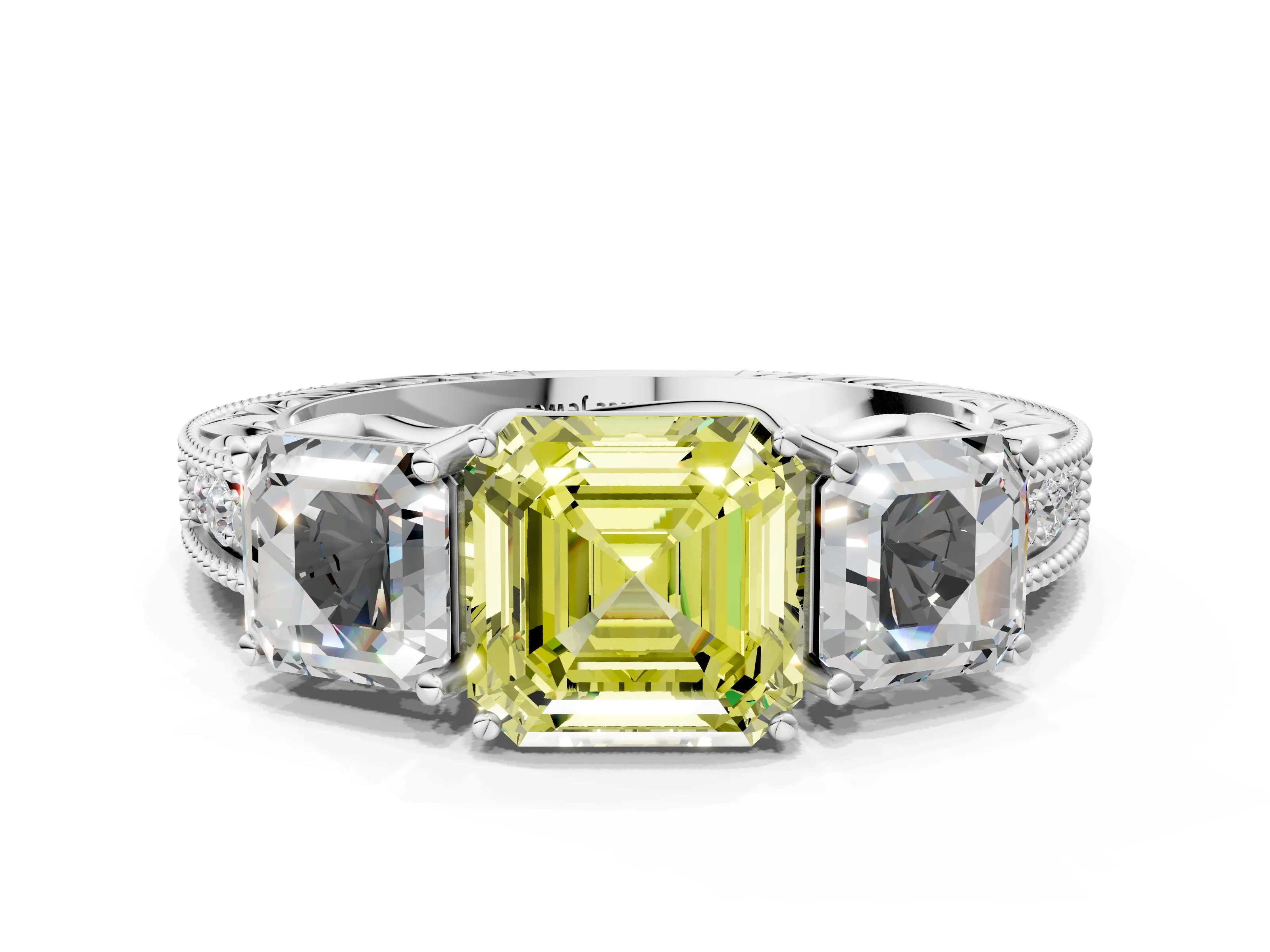 White gold Three-Stone Fancy Yellow Asscher Cut Cut Milgrain Pavé Engagement Ring_12