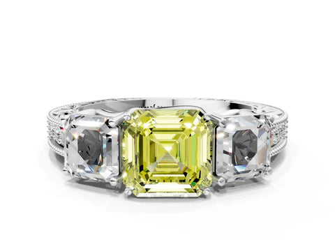 White gold Three-Stone Fancy Yellow Asscher Cut Cut Milgrain Pavé Engagement Ring_12