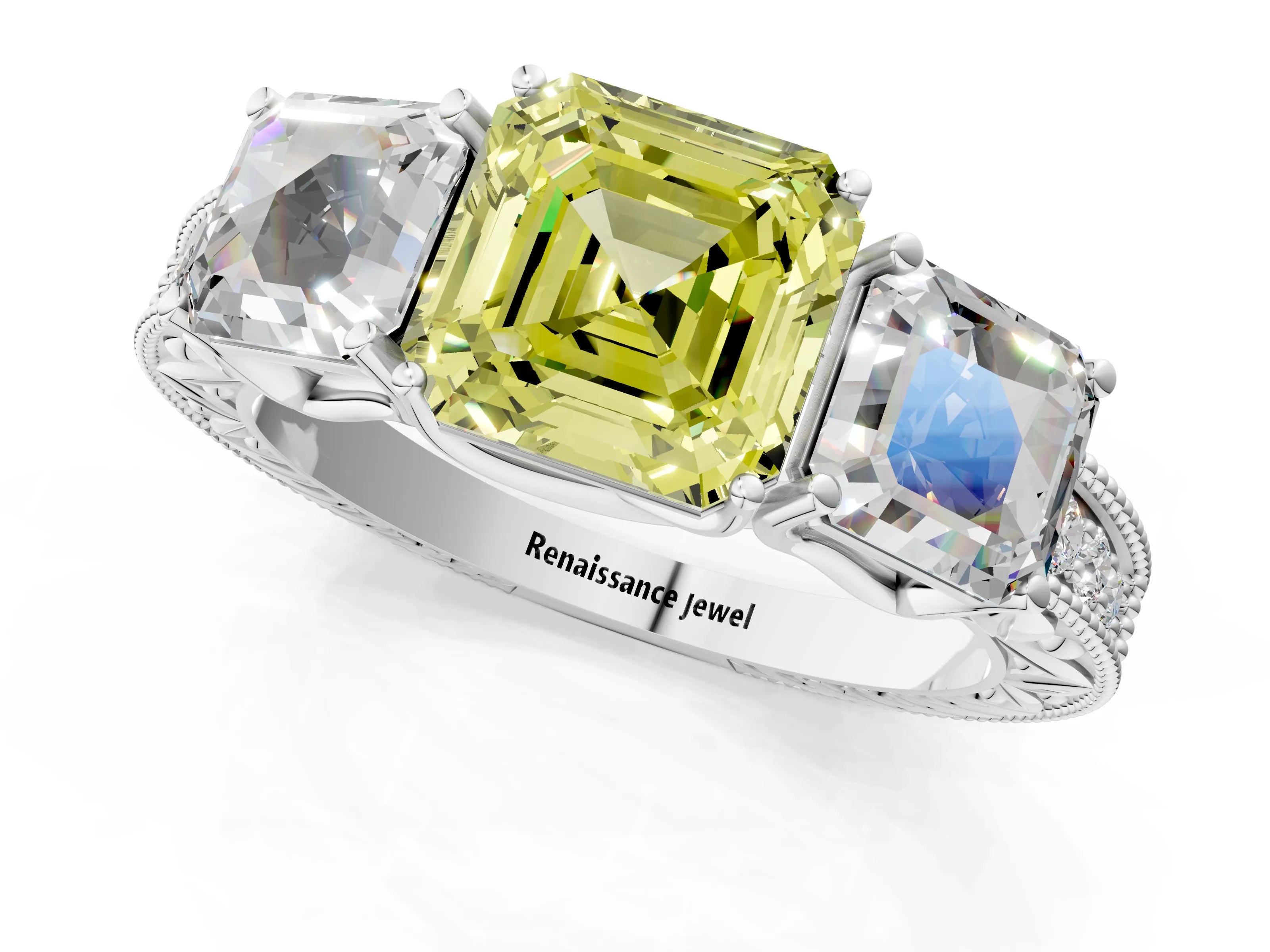 White gold Three-Stone Fancy Yellow Asscher Cut Cut Milgrain Pavé Engagement Ring_13