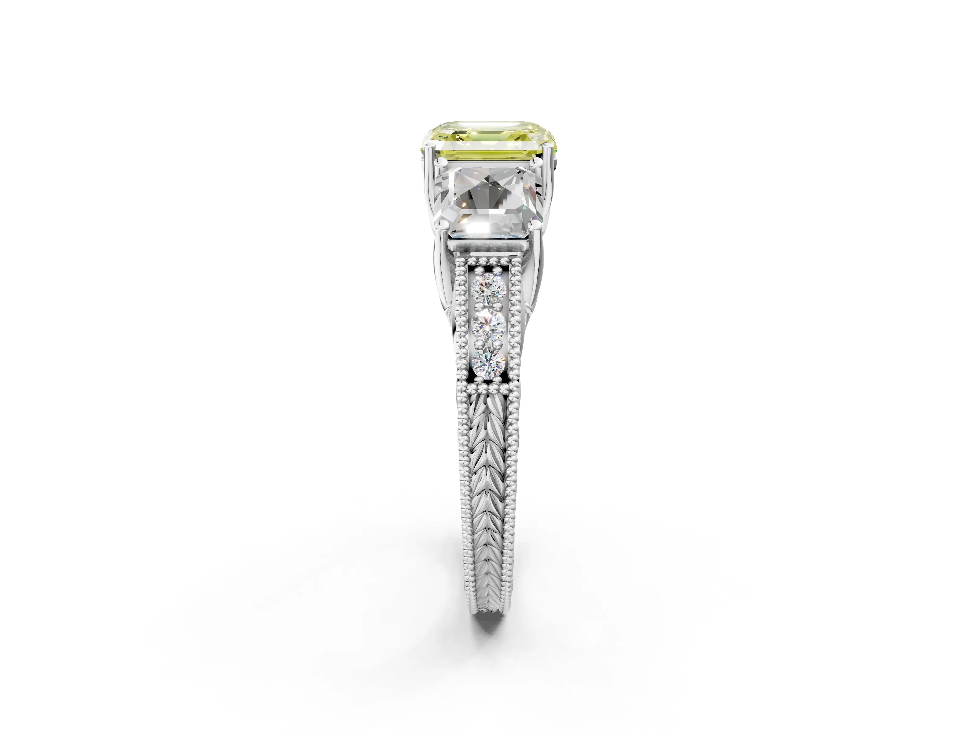White gold Three-Stone Fancy Yellow Asscher Cut Cut Milgrain Pavé Engagement Ring_14