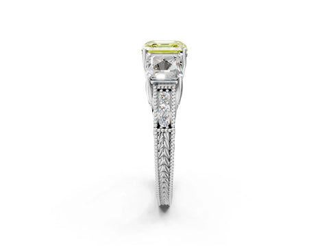 White gold Three-Stone Fancy Yellow Asscher Cut Cut Milgrain Pavé Engagement Ring_14