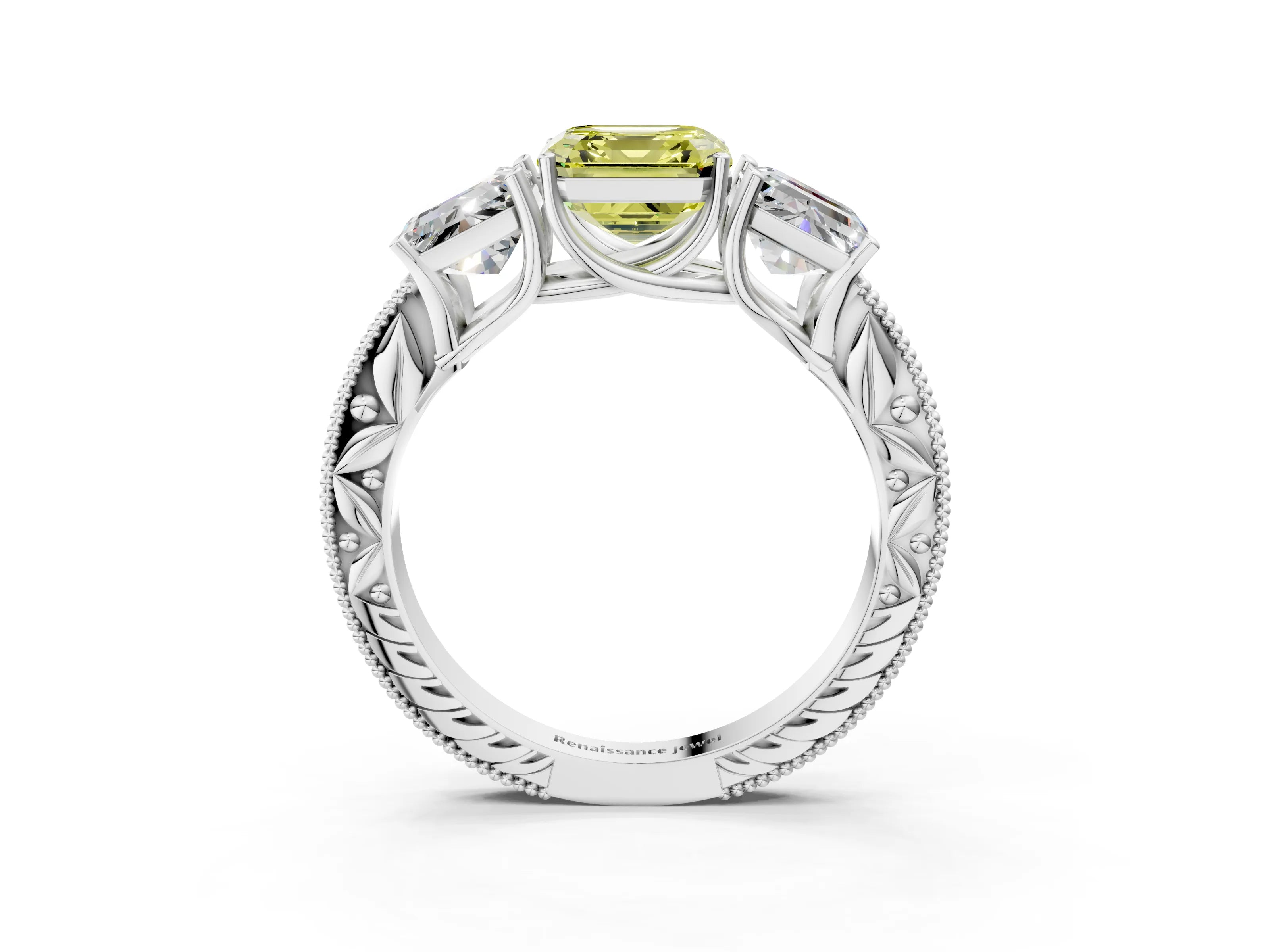White gold Three-Stone Fancy Yellow Asscher Cut Cut Milgrain Pavé Engagement Ring_15