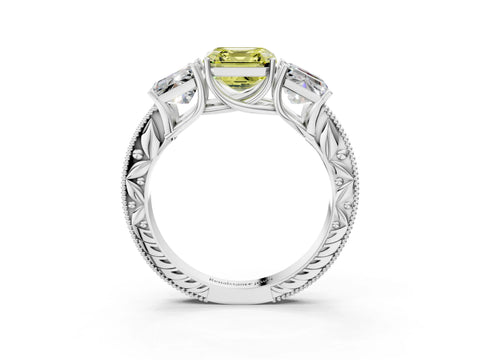 White gold Three-Stone Fancy Yellow Asscher Cut Cut Milgrain Pavé Engagement Ring_15