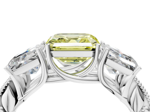 White gold Three-Stone Fancy Yellow Asscher Cut Cut Milgrain Pavé Engagement Ring_16