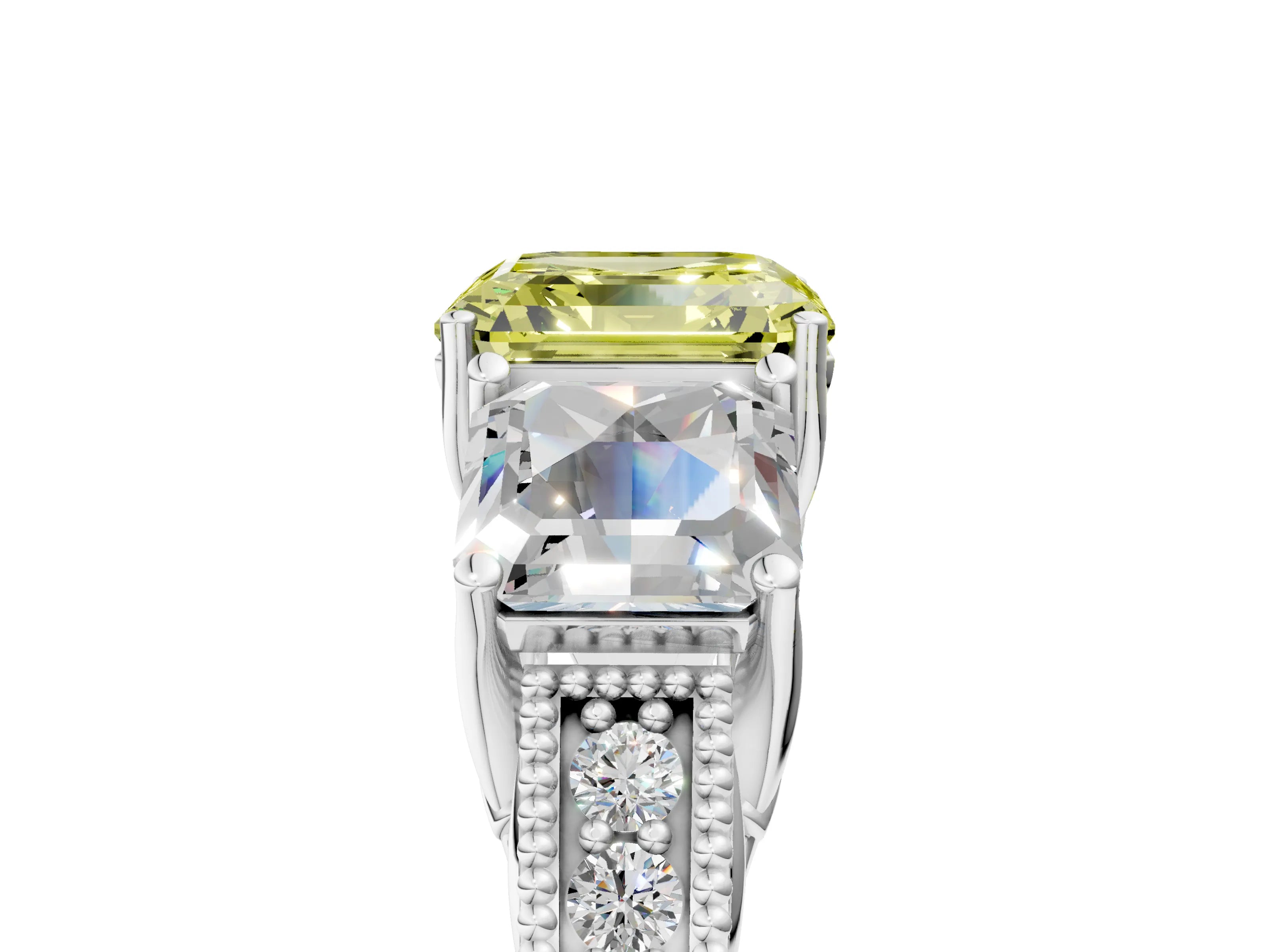 White gold Three-Stone Fancy Yellow Asscher Cut Cut Milgrain Pavé Engagement Ring_17