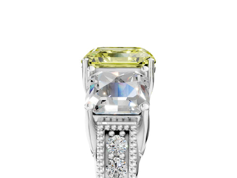 White gold Three-Stone Fancy Yellow Asscher Cut Cut Milgrain Pavé Engagement Ring_17