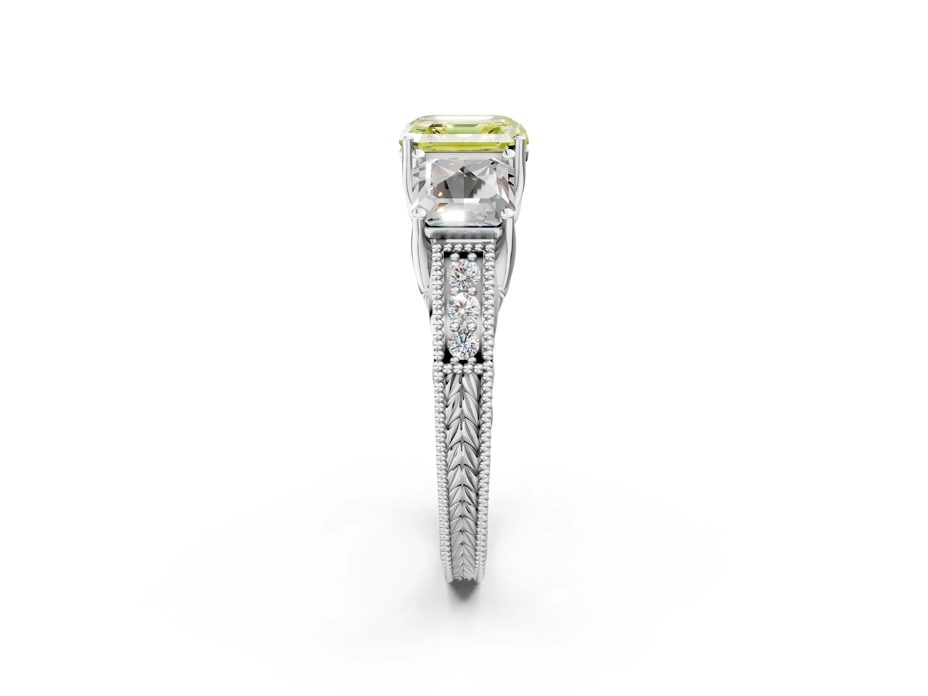 White gold Three-Stone Fancy Yellow Asscher Cut Cut Milgrain Pavé Engagement Ring_2
