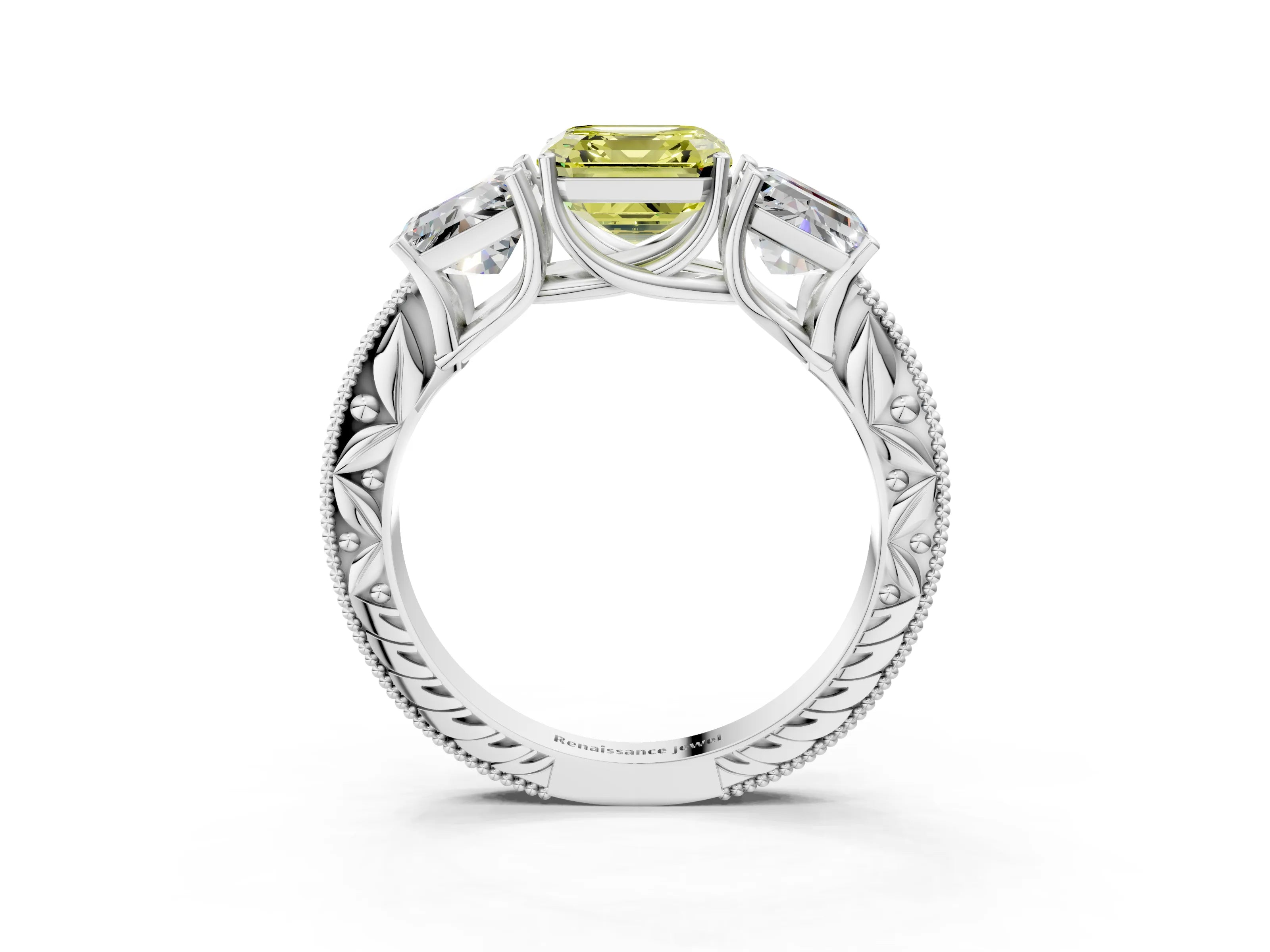 White gold Three-Stone Fancy Yellow Asscher Cut Cut Milgrain Pavé Engagement Ring_3