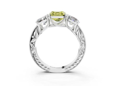 White gold Three-Stone Fancy Yellow Asscher Cut Cut Milgrain Pavé Engagement Ring_3