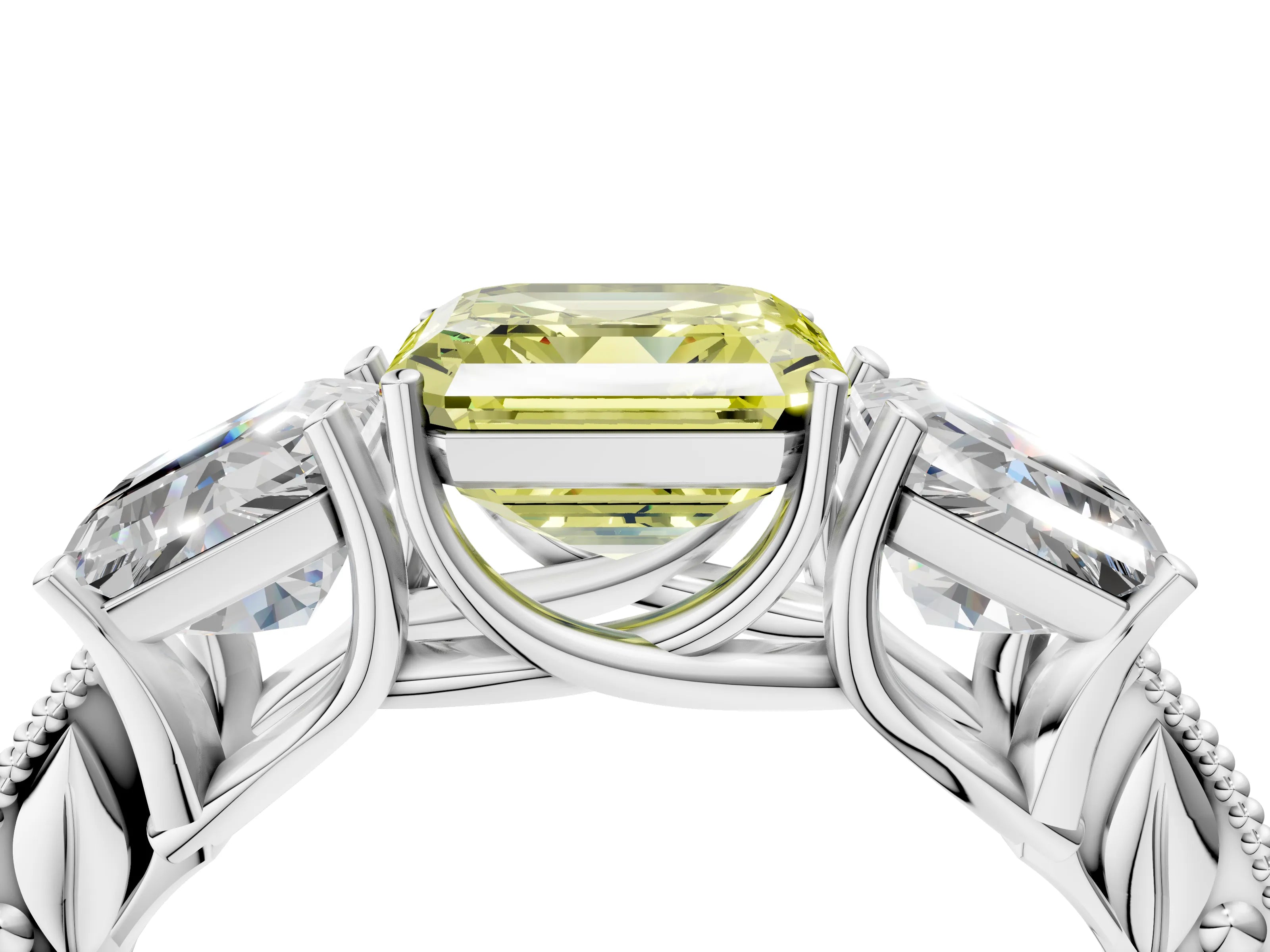 White gold Three-Stone Fancy Yellow Asscher Cut Cut Milgrain Pavé Engagement Ring_4