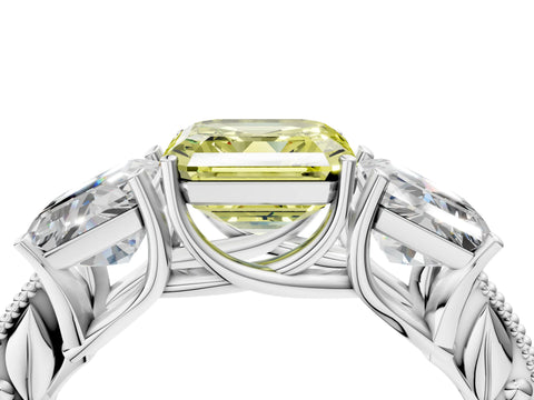 White gold Three-Stone Fancy Yellow Asscher Cut Cut Milgrain Pavé Engagement Ring_4