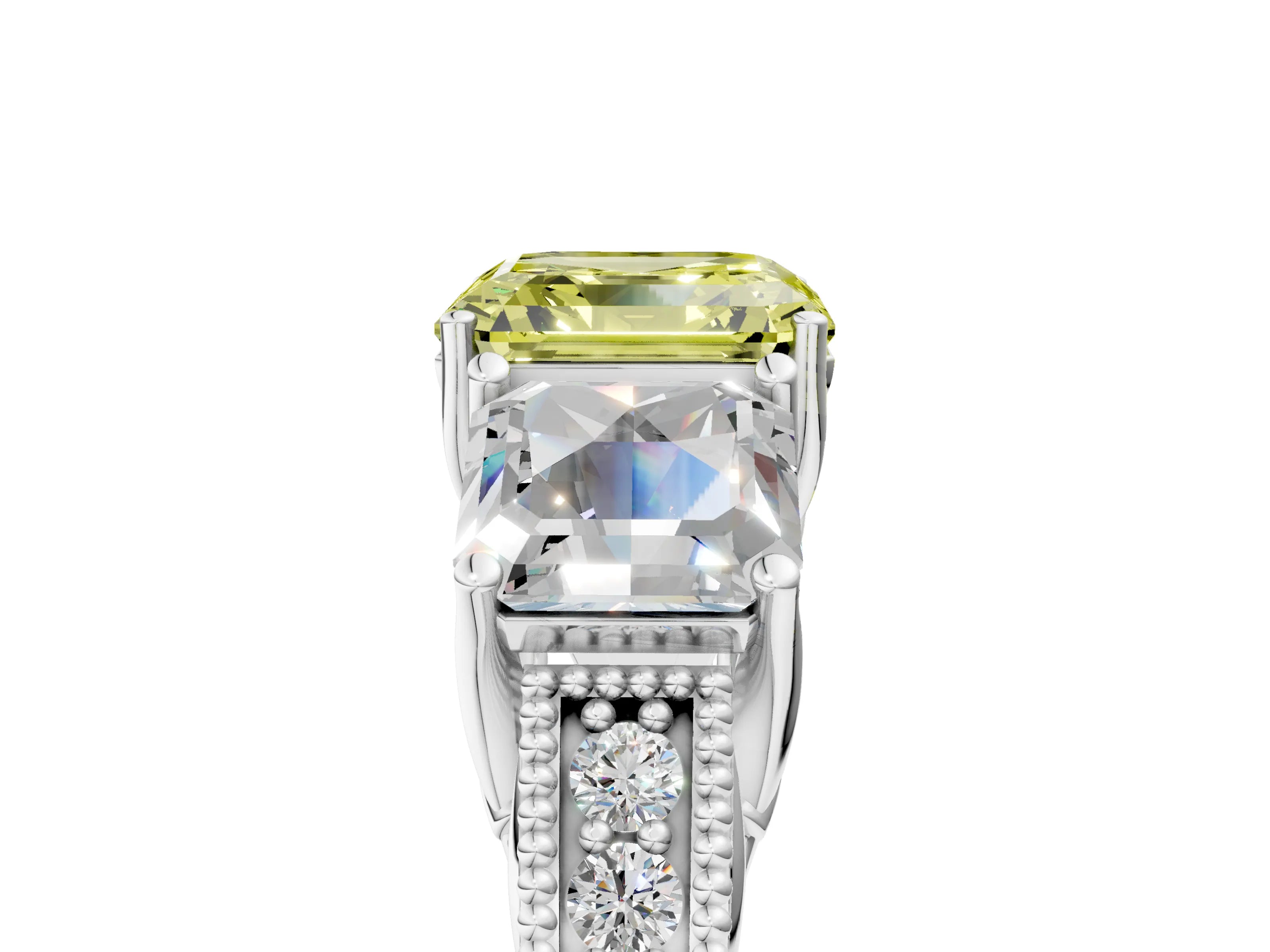 White gold Three-Stone Fancy Yellow Asscher Cut Cut Milgrain Pavé Engagement Ring_5