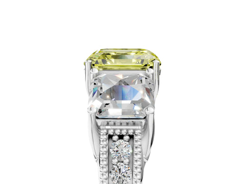 White gold Three-Stone Fancy Yellow Asscher Cut Cut Milgrain Pavé Engagement Ring_5