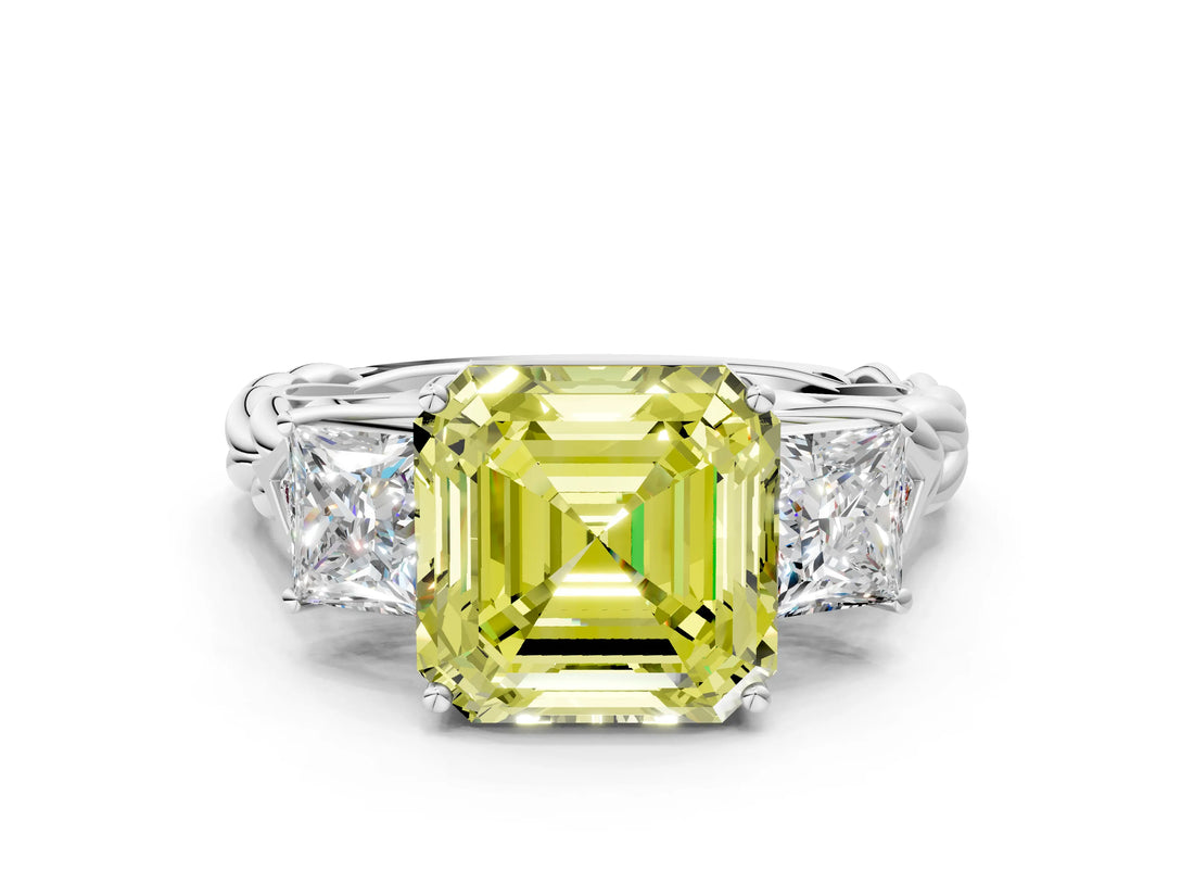 White gold Three-Stone Fancy Yellow Asscher Cut Diamond Braided Band Ring with Four-Prong Setting_50
