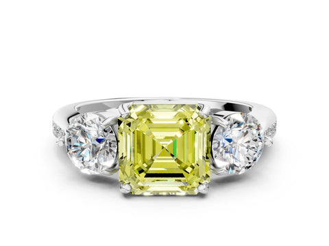 White gold Three-Stone Fancy Yellow Asscher Cut Diamond Channel Set Engagement Ring with Prong Setting_16