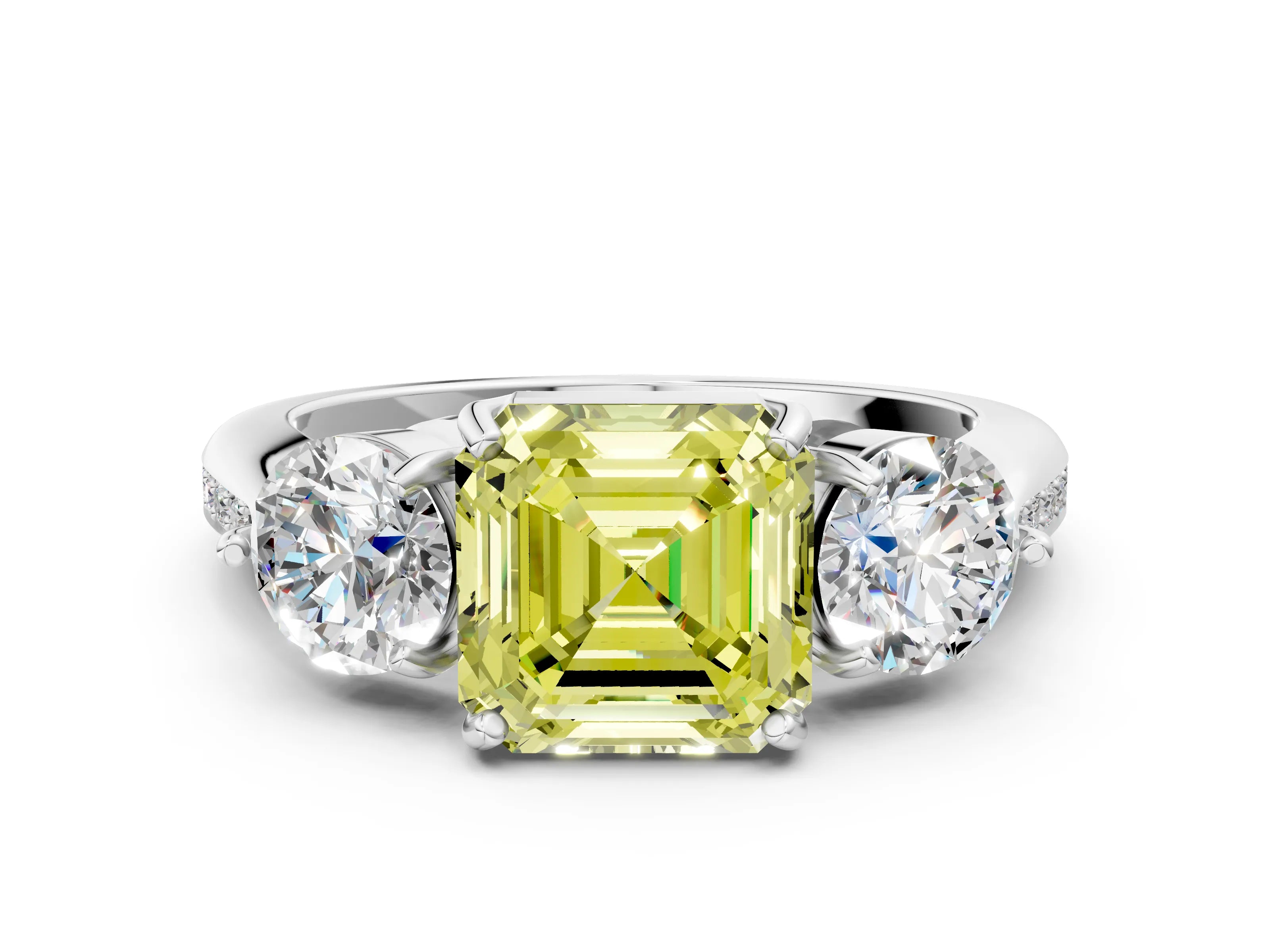 White gold Three-Stone Fancy Yellow Asscher Cut Diamond Channel Set Engagement Ring with Prong Setting_24