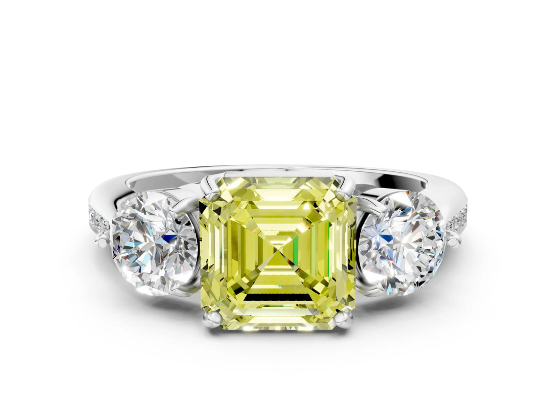 White gold Three-Stone Fancy Yellow Asscher Cut Diamond Channel Set Engagement Ring with Prong Setting_24