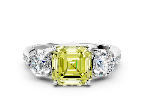 White gold Three-Stone Fancy Yellow Asscher Cut Diamond Channel Set Engagement Ring with Prong Setting_24