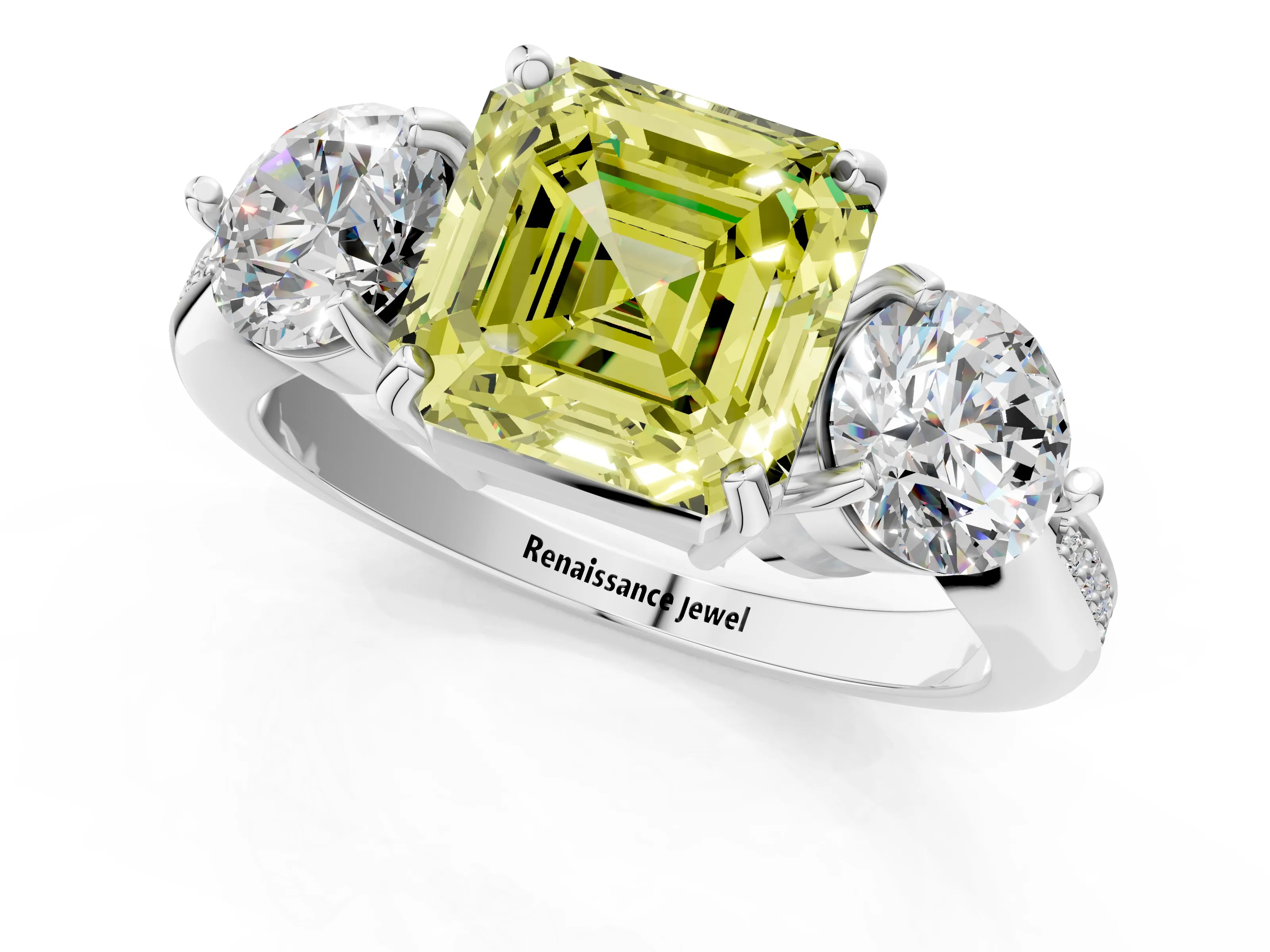 White gold Three-Stone Fancy Yellow Asscher Cut Diamond Channel Set Engagement Ring with Prong Setting_25