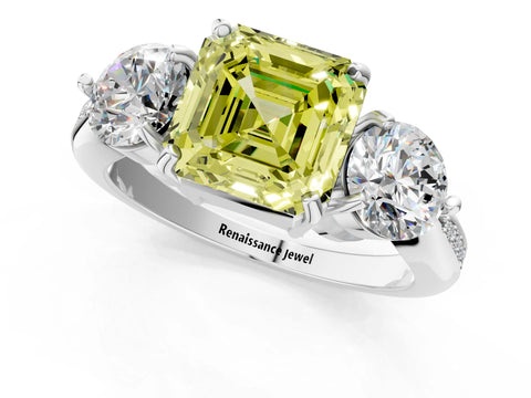 White gold Three-Stone Fancy Yellow Asscher Cut Diamond Channel Set Engagement Ring with Prong Setting_25