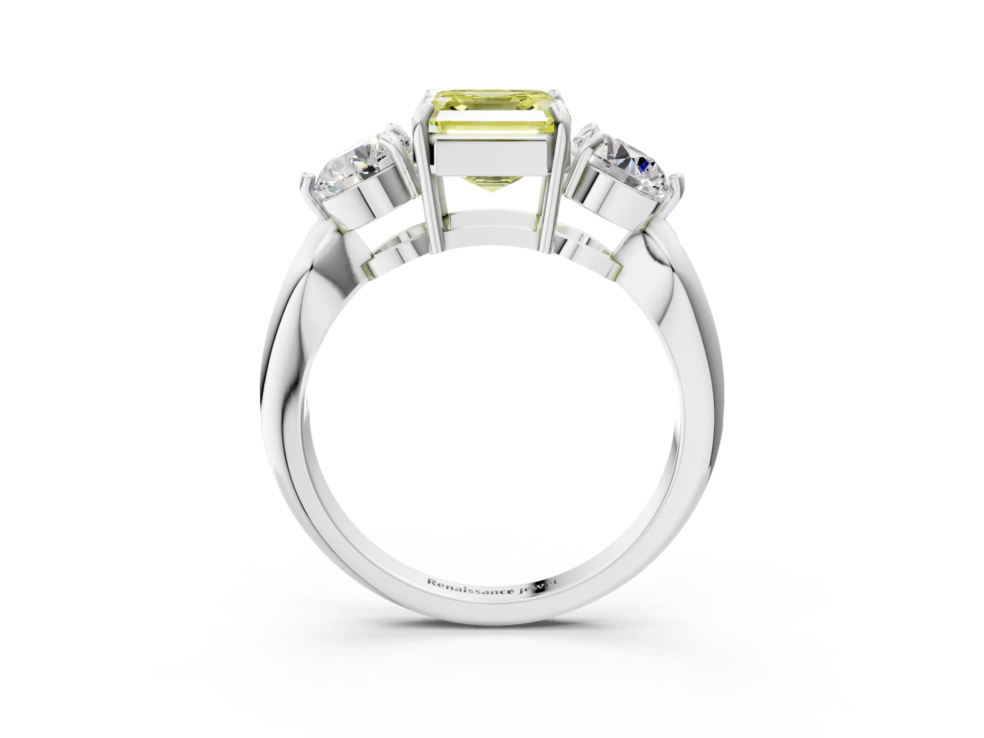 White gold Three-Stone Fancy Yellow Asscher Cut Diamond Channel Set Engagement Ring with Prong Setting_27