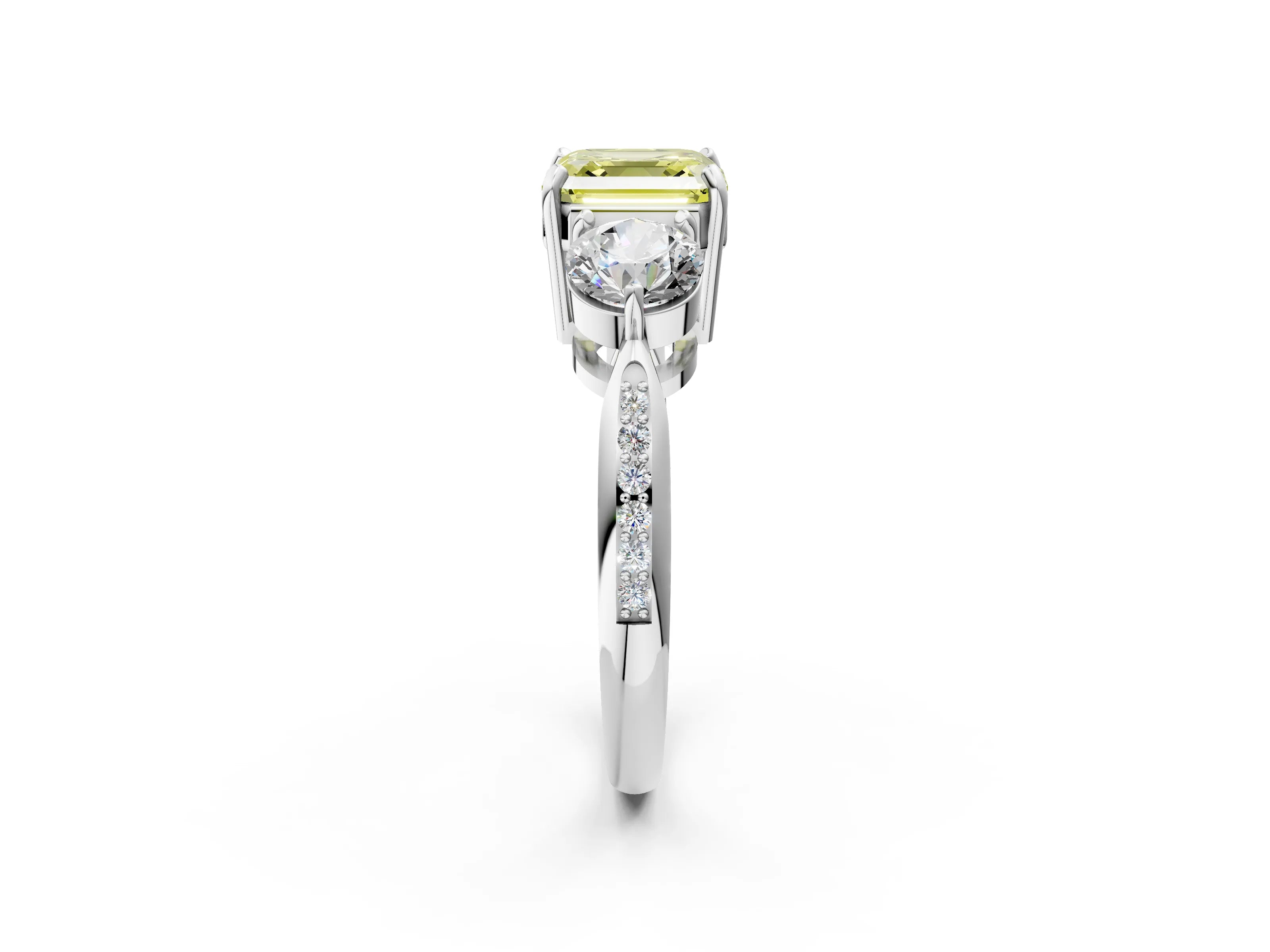 White gold Three-Stone Fancy Yellow Asscher Cut Diamond Channel Set Engagement Ring with Prong Setting_2
