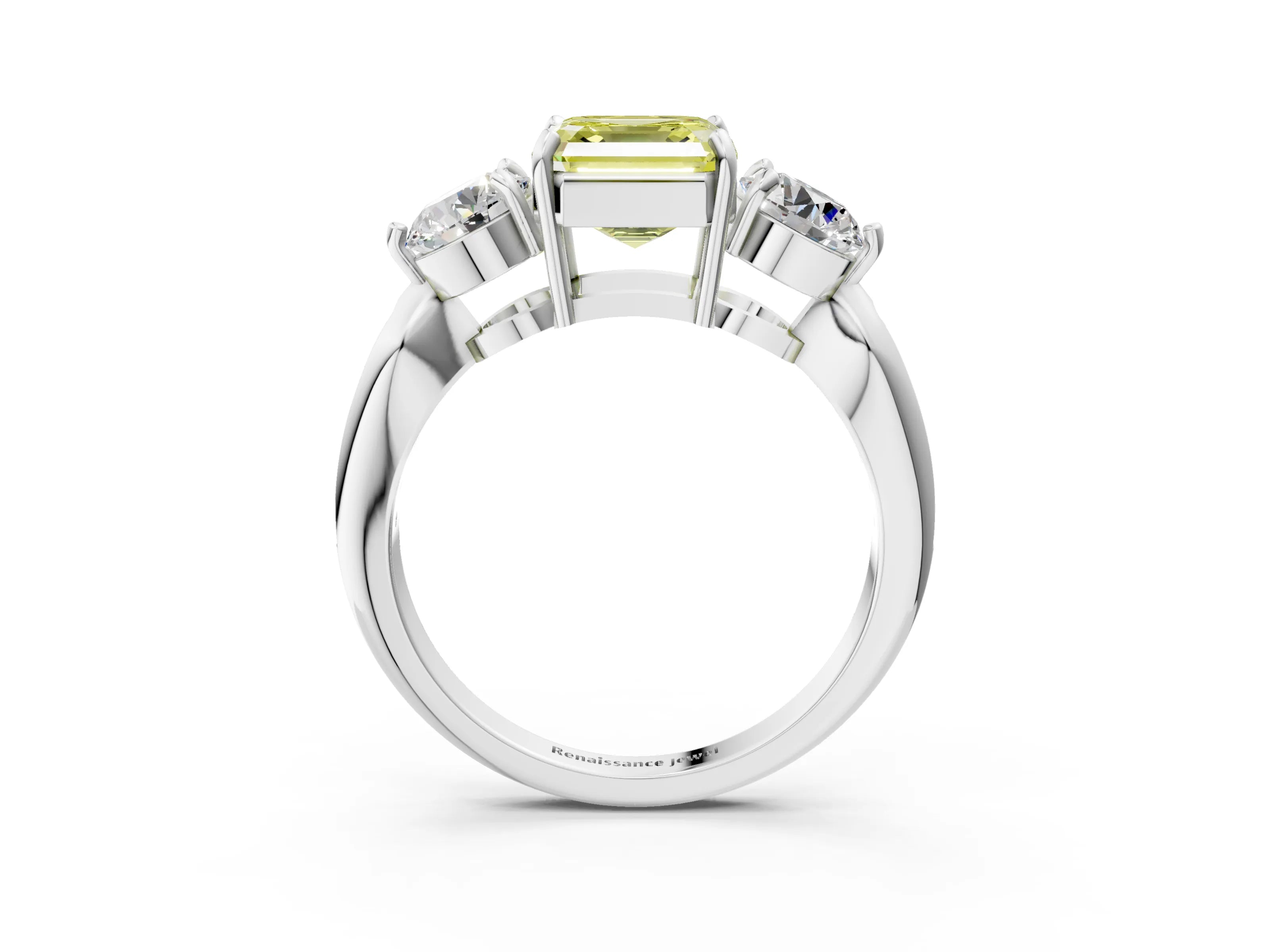 White gold Three-Stone Fancy Yellow Asscher Cut Diamond Channel Set Engagement Ring with Prong Setting_3