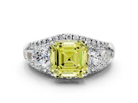 White gold Three-Stone Fancy Yellow Asscher Cut Diamond Engagement Ring with Pave Band and Prong Setting_12