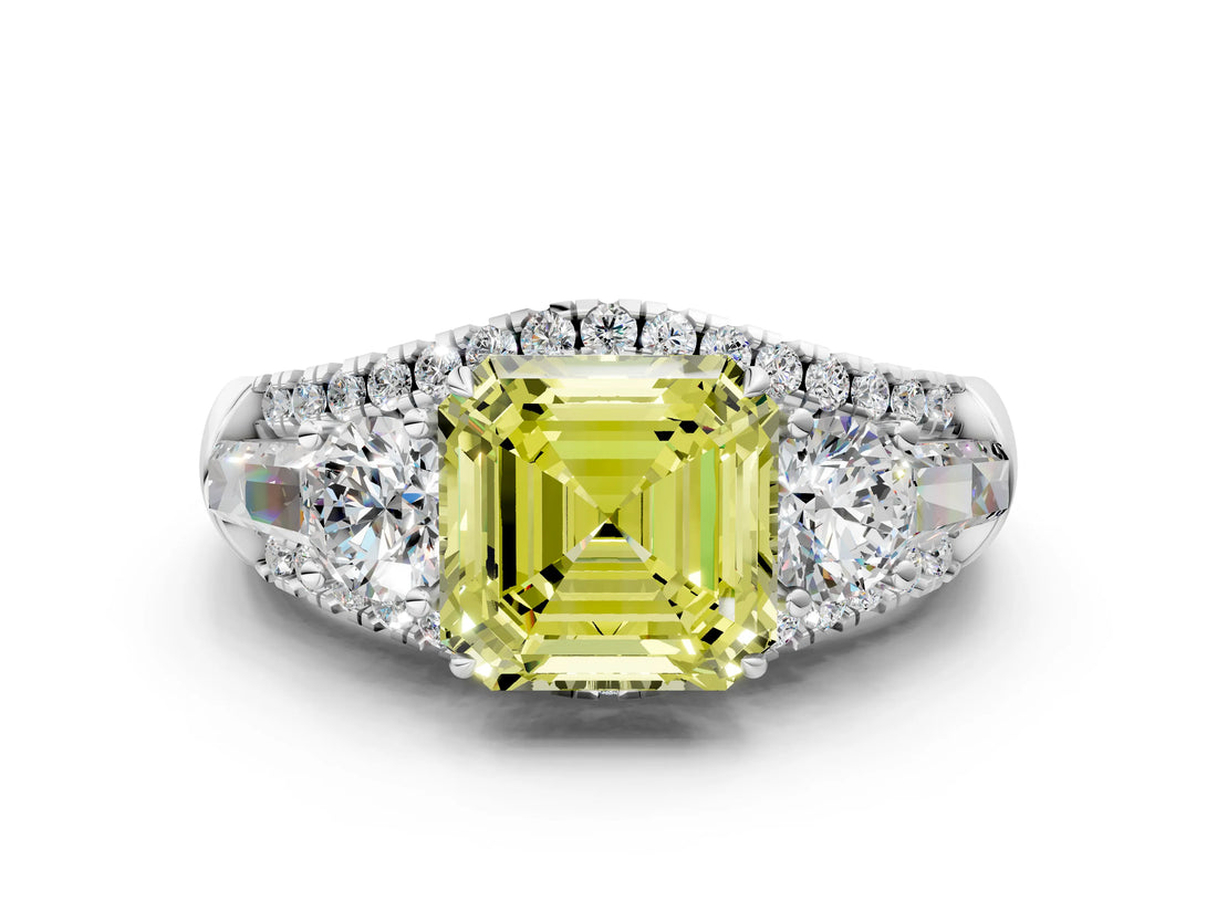 White gold Three-Stone Fancy Yellow Asscher Cut Diamond Engagement Ring with Pave Band and Prong Setting_12