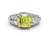 White gold Three-Stone Fancy Yellow Asscher Cut Diamond Engagement Ring with Pave Band and Prong Setting_12