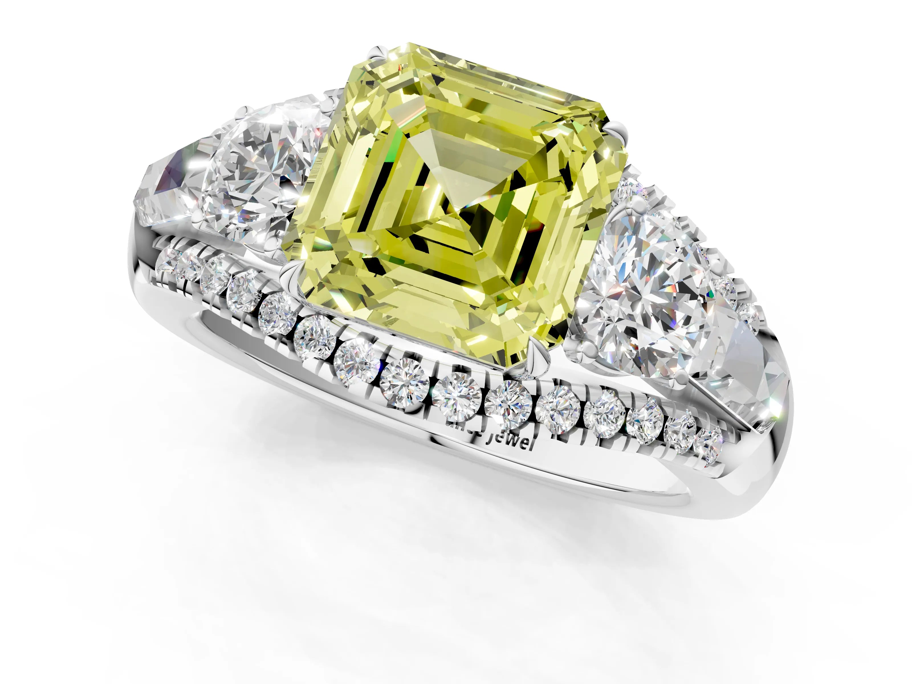 White gold Three-Stone Fancy Yellow Asscher Cut Diamond Engagement Ring with Pave Band and Prong Setting_13
