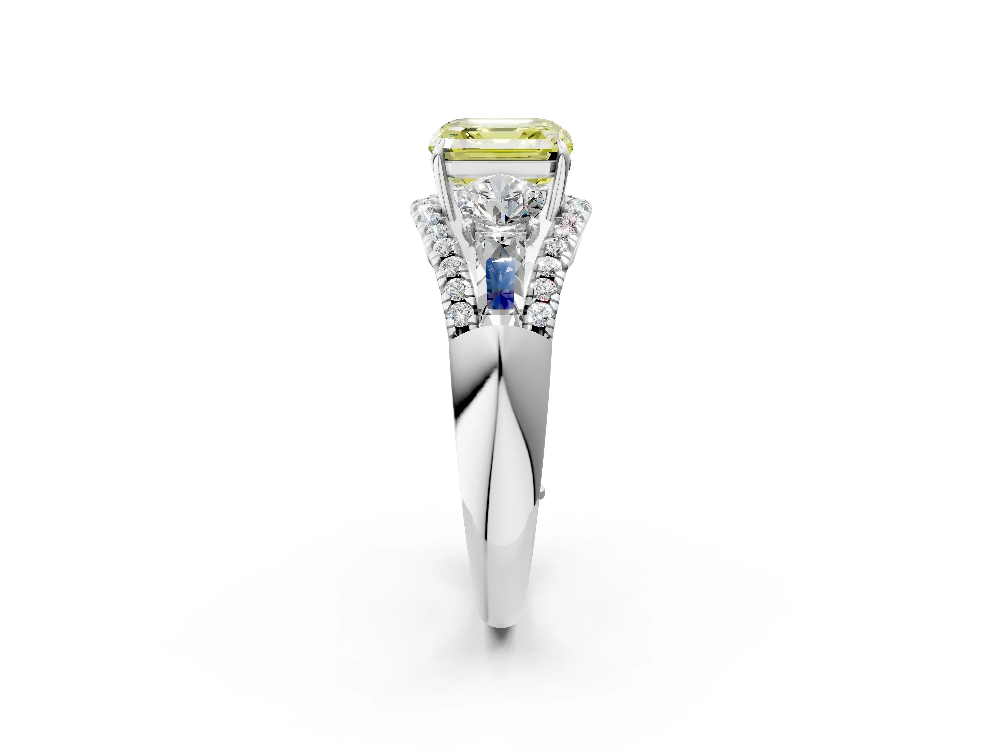 White gold Three-Stone Fancy Yellow Asscher Cut Diamond Engagement Ring with Pave Band and Prong Setting_14