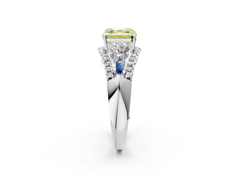 White gold Three-Stone Fancy Yellow Asscher Cut Diamond Engagement Ring with Pave Band and Prong Setting_14