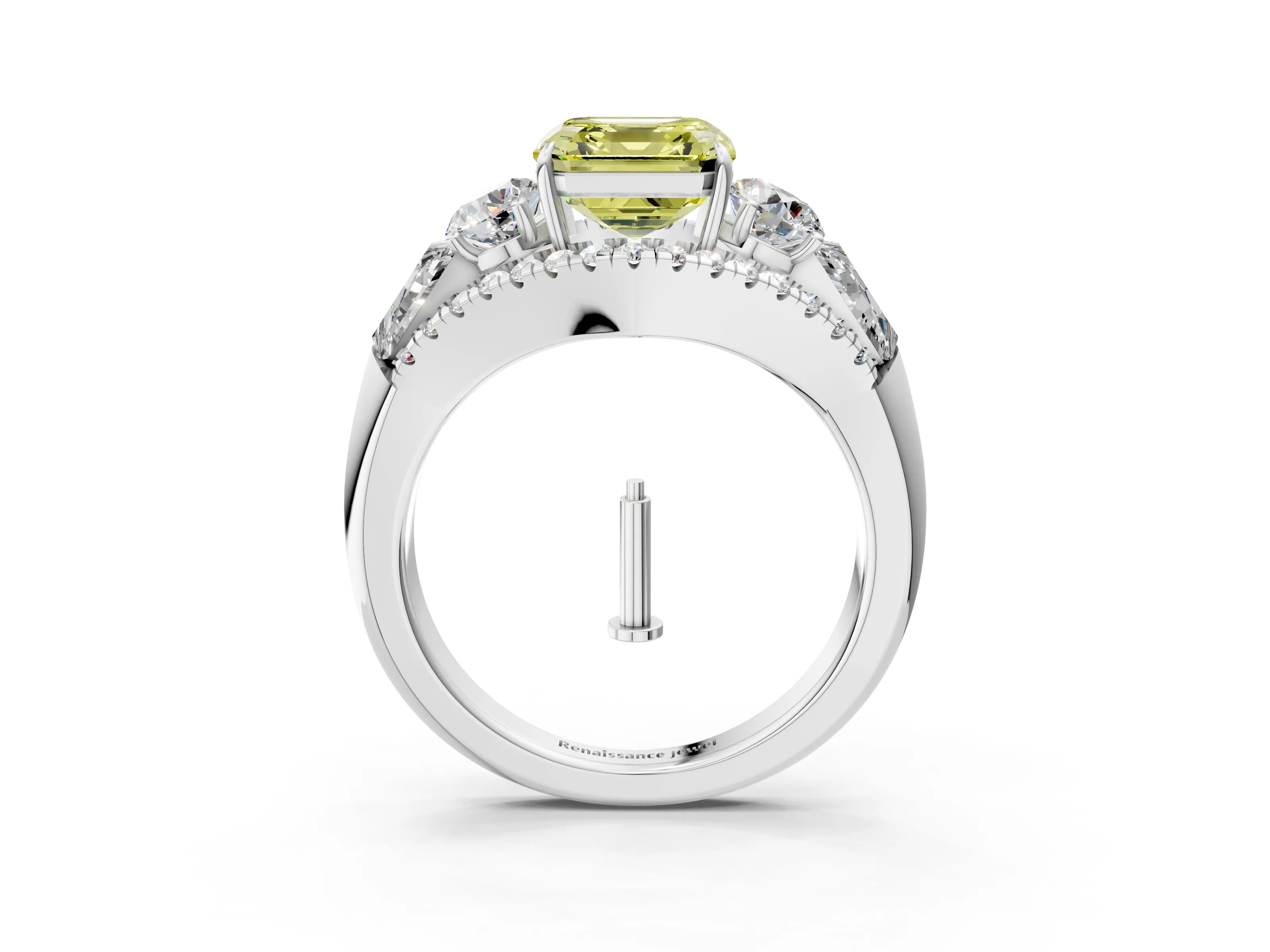 White gold Three-Stone Fancy Yellow Asscher Cut Diamond Engagement Ring with Pave Band and Prong Setting_15
