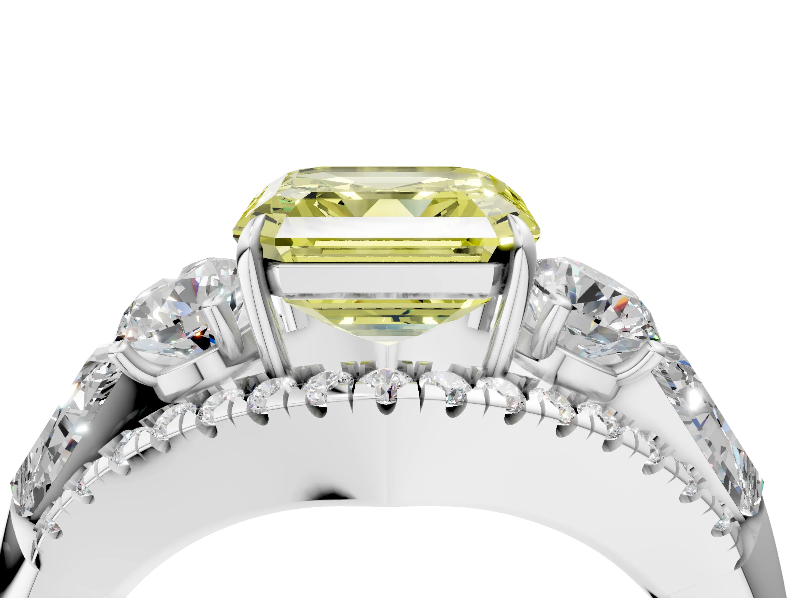 White gold Three-Stone Fancy Yellow Asscher Cut Diamond Engagement Ring with Pave Band and Prong Setting_16