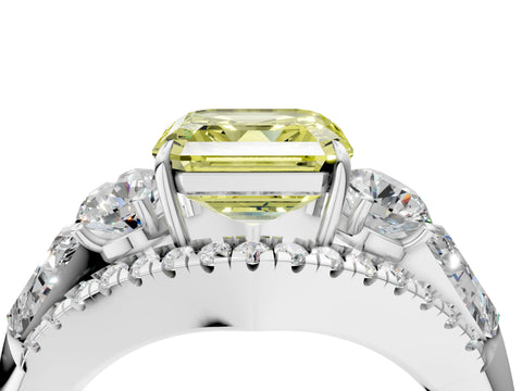 White gold Three-Stone Fancy Yellow Asscher Cut Diamond Engagement Ring with Pave Band and Prong Setting_16