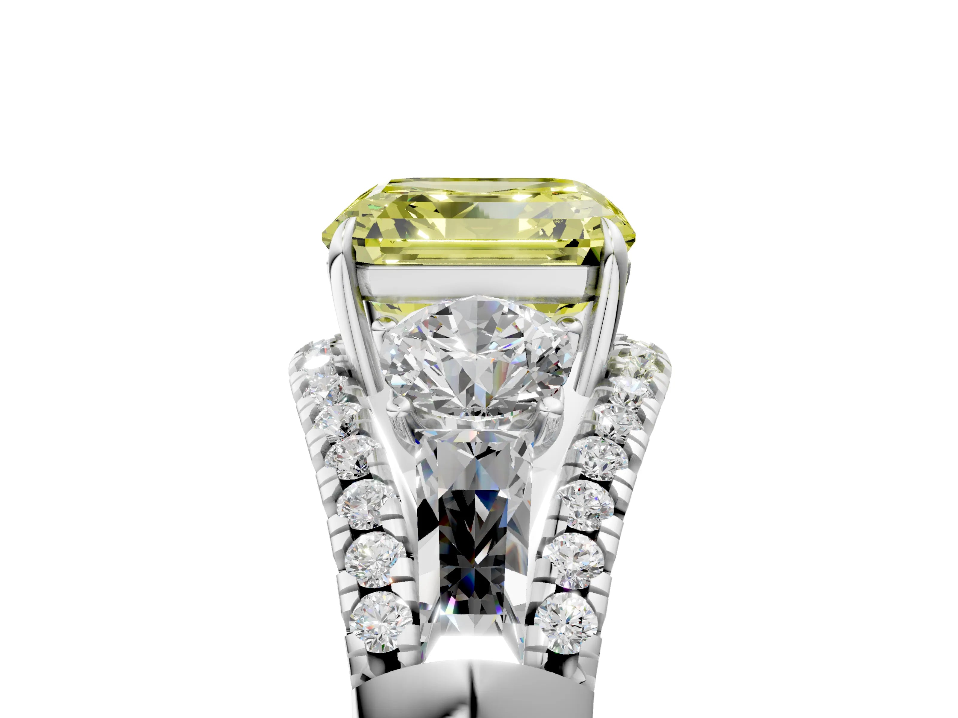 White gold Three-Stone Fancy Yellow Asscher Cut Diamond Engagement Ring with Pave Band and Prong Setting_17