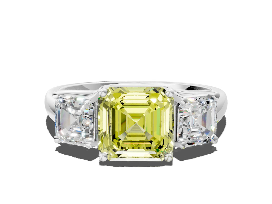 White gold Three-Stone Fancy Yellow Asscher Cut Diamond Engagement Ring with Prong Setting_15