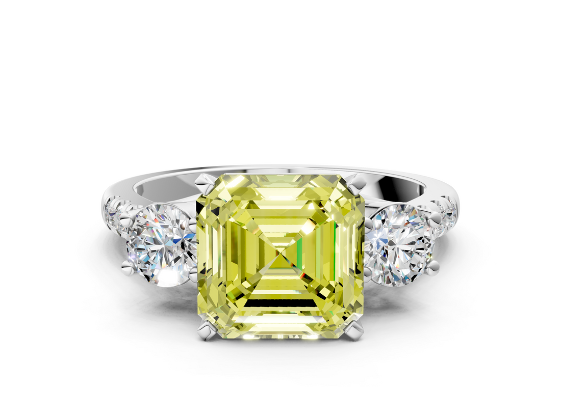 White gold Three-Stone Fancy Yellow Asscher  Cut Diamond Pavé Band with Four-Prong Setting