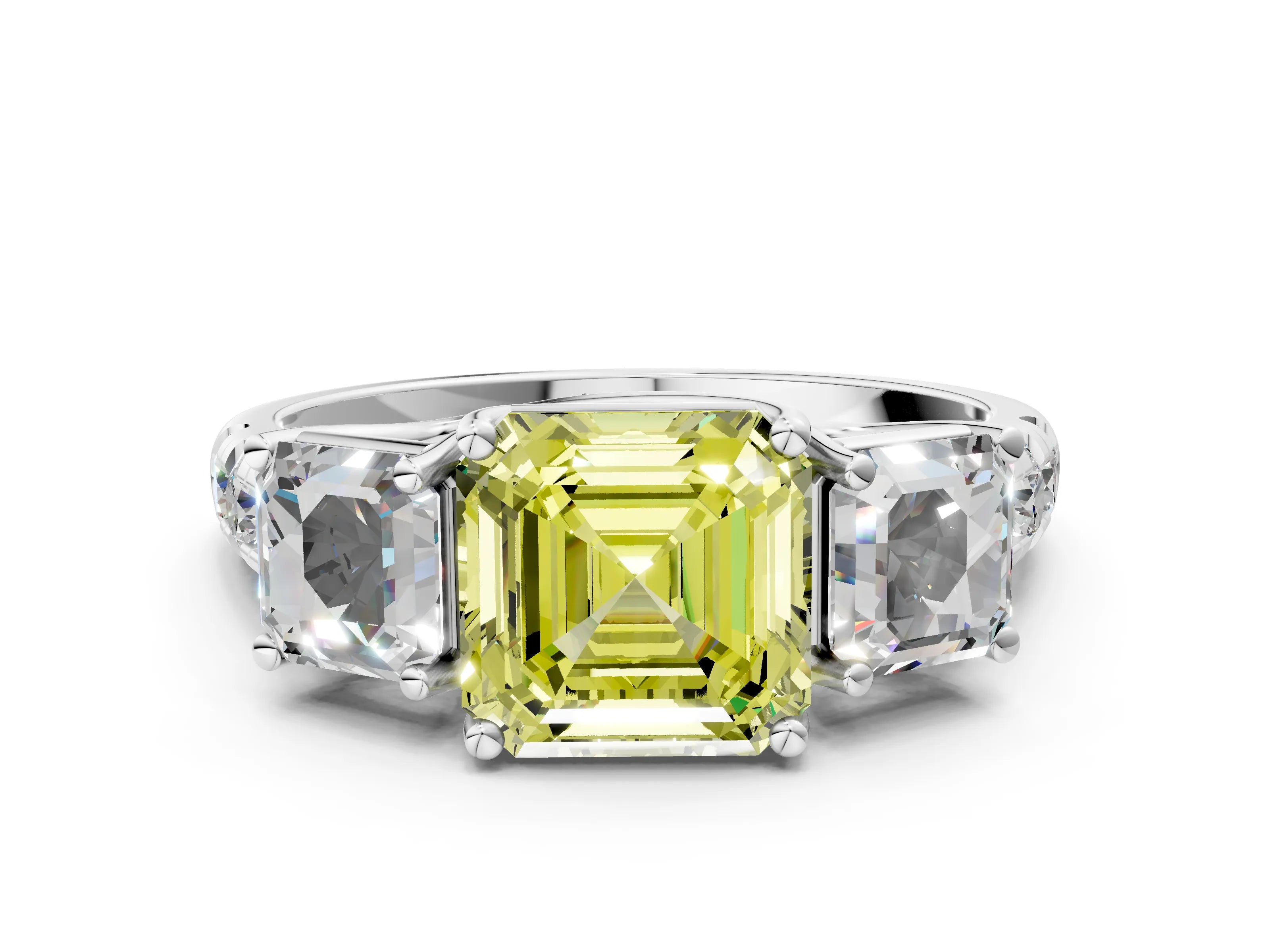 White gold Three-Stone Fancy Yellow Asscher Cut Diamond Pavé Band with Prong Setting_12