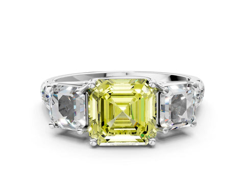 White gold Three-Stone Fancy Yellow Asscher Cut Diamond Pavé Band with Prong Setting_12