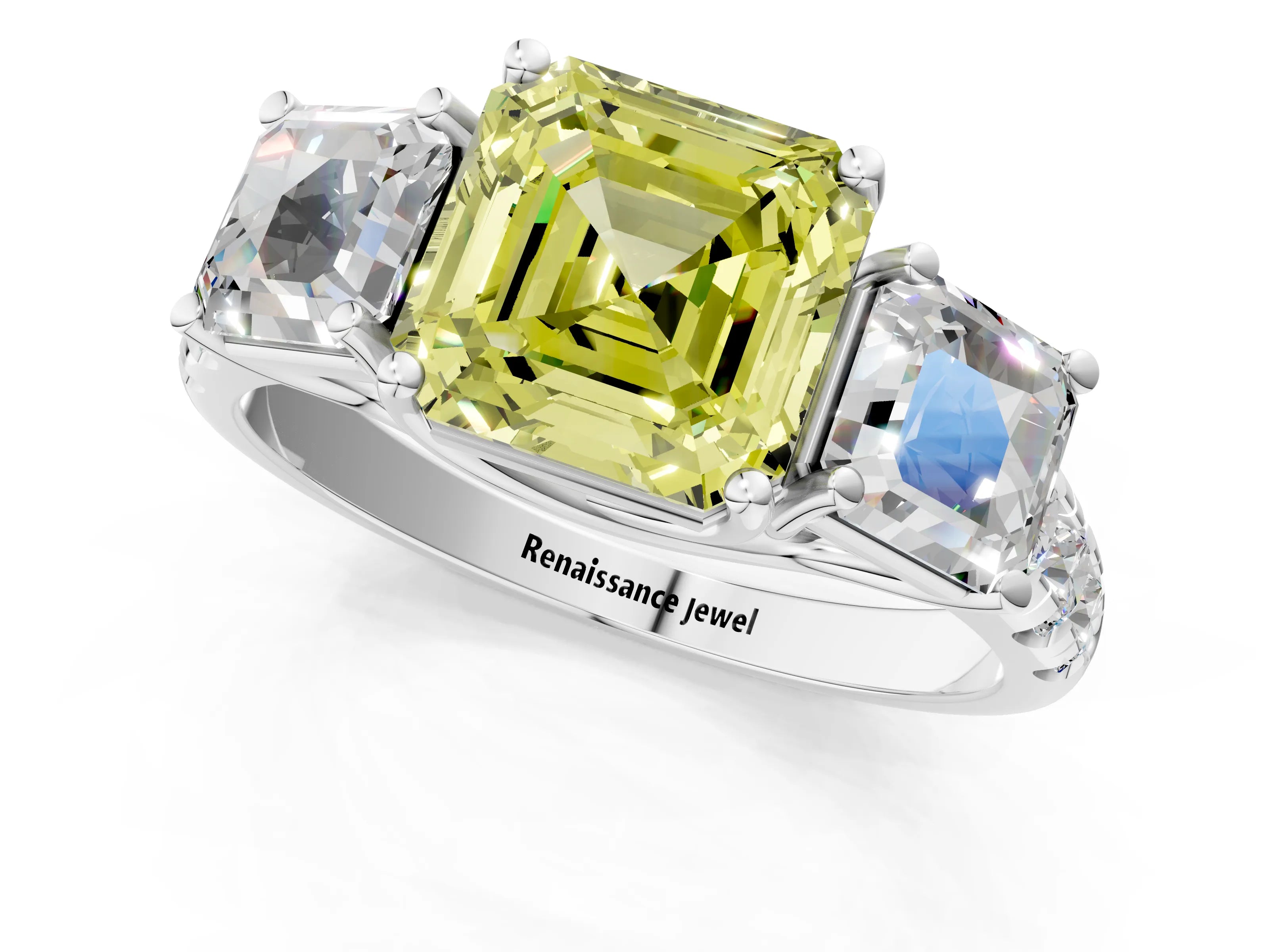 White gold Three-Stone Fancy Yellow Asscher Cut Diamond Pavé Band with Prong Setting_13